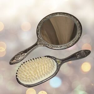 Vintage Silver Plated Hand Mirror & Brush Set | Made in Hong Kong